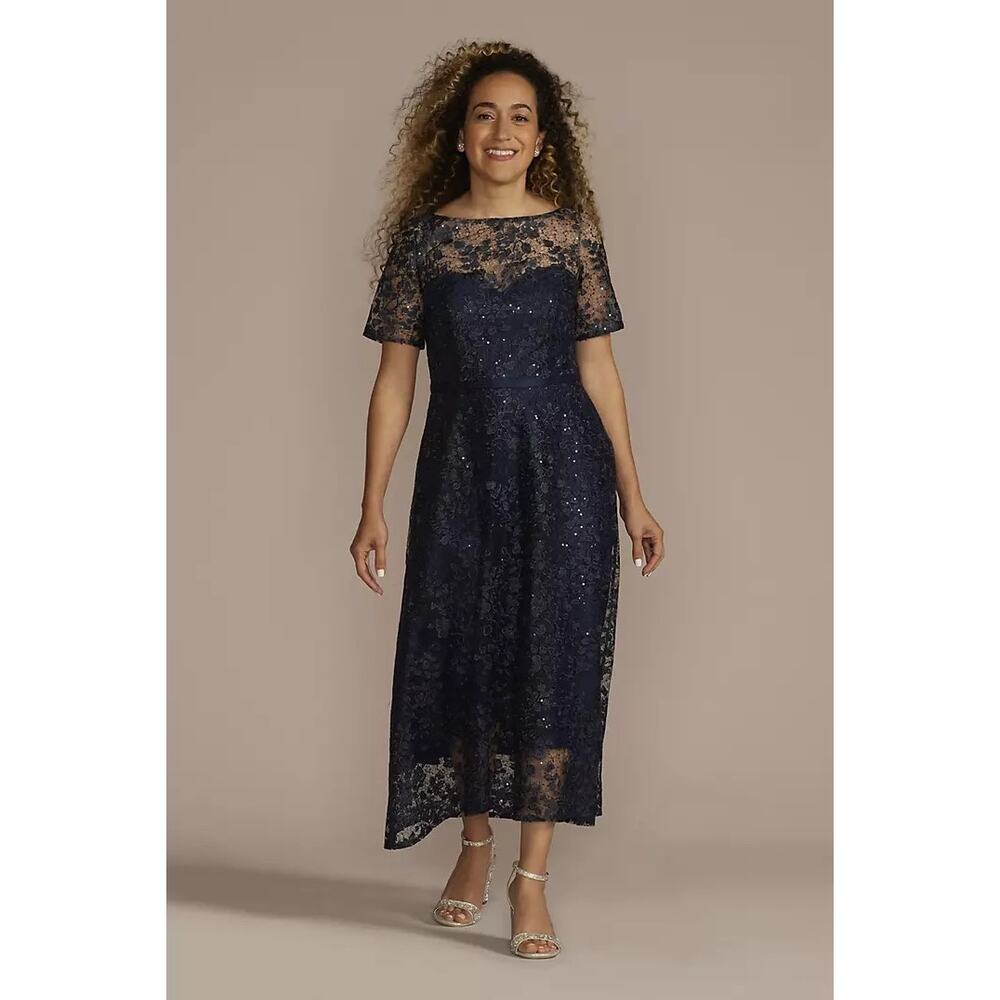 NEW Oleg Cassini  Short Sleeve Illusion‎ Lace High-Low Dress Navy Size 16